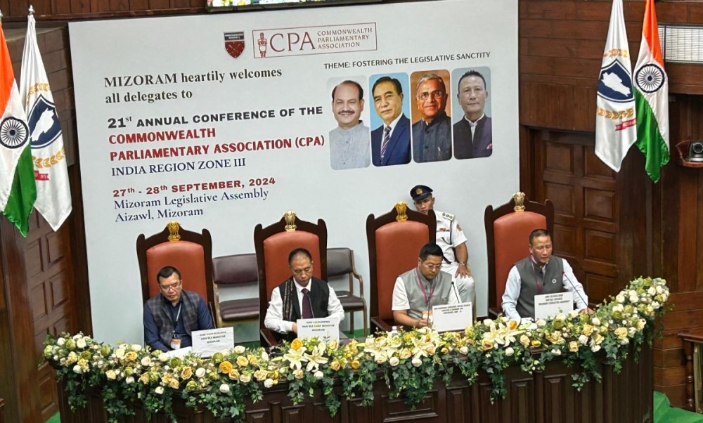 Harivansh Narayan Singh, Deputy Chairman of the Rajya Sabha; Sharingain Longkumer, Speaker of the Nagaland Legislative Assembly and Chairman of CPA India Region Zone-III; Chief Minister of Mizoram, Lalduhoma; and Lalbiakzama, Speaker of the Mizoram Legislative Assembly at the inaugural session of 21st Annual CPA Conference in Aizwal.